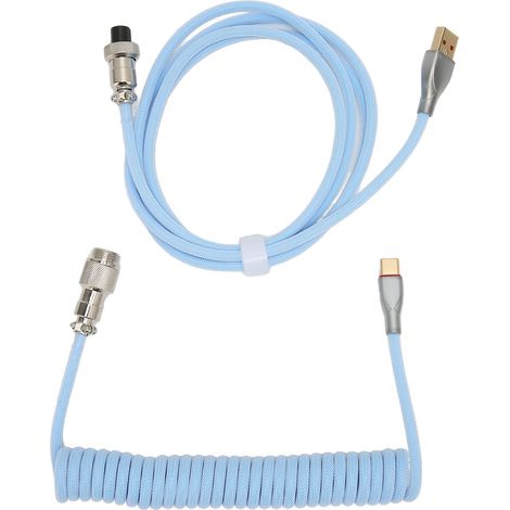 Câble de connexion aviation pour clavier mécanique, câble USB-C spiralé sur mesure pour claviers de jeu, avec gaine métallique détachable pour clavier mécanique, USB-C vers USB-A bleu. (1/5)