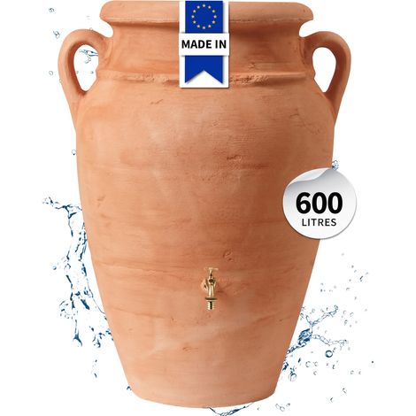 Garantia – Récupérateur d'eau de pluie amphore 600 litres – Cuve en terre cuite – 2 filetages laiton 19mm – Design méditerranéen décoratif