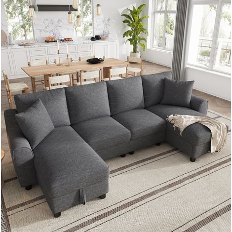 Sofá U de 280x137x84 cm, modular, con chaise longue con almacenaje, cómodo, chenilla, gris (1/5)