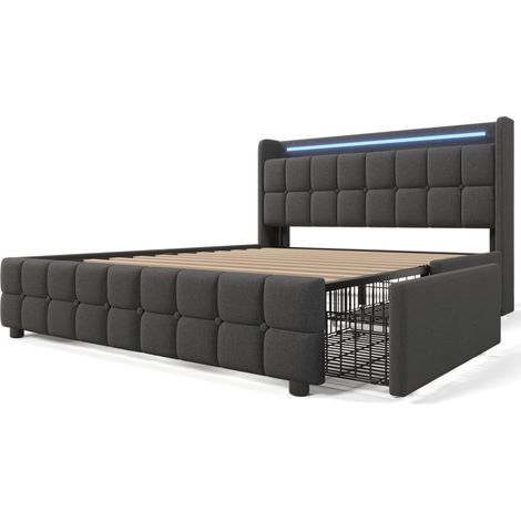 Lit double gris 180x200 cm avec rangements, éclairage LED, prise USB et 4 tiroirs, cadre en lin et métal sans matelas (1/5)