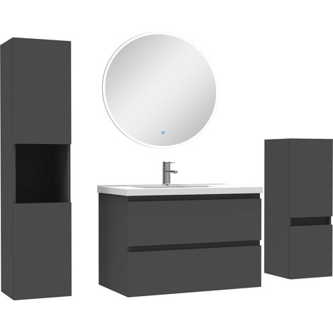 Ensemble meubles Salle de Bain 80cm simple vasque + colonne + miroir rond mural Anthracite (1/5)