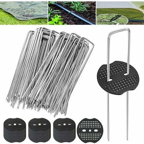 Pack of 50 garden stakes with 50 washers, U-shaped mounting posts, mounting pegs, tarpaulin fasteners, galvanized ground anchors for mulch cloth (15 x 3 cm) (1/5)