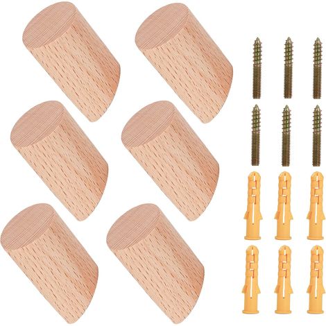 Patère Murale - Bois De Hêtre - 6 Crochets Inclinés - Charge Max 15 Kg - Pour Manteaux Chapeaux Écharpes Casques - Intérieur Salon Chambre Couloir - Lot De 6 (1/5)