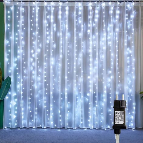 Rideau Lumineux, Guirlandes Lumineuses 300 Led 3mx3m,8 Modes d'Eclairage, Basse Tension 31v, Decoration de Fenêtre, Noël, Mariage, Anniversaire, Maison, Patio, Etanche IP44(Blanc Froid) (1/5)