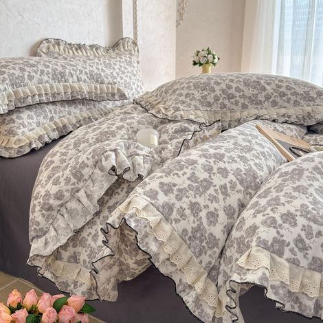 Parure de lit vintage en coton avec housse de couette de 135 x 200 cm et 1 taie d'oreiller de 80 x 80 cm Motif floral Blanc gris foncé Pour fille et femme (1/5)