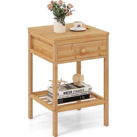 COSTWAY Bamboo Nightstand Bedside Table with Storage Drawer & Open Shelf-Natural (1/5)