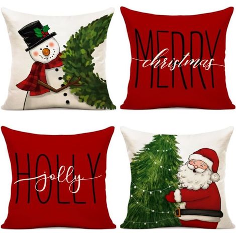 Lot de 4 Housse Coussin Noel 45x45 Housse Coussin 45x45 père Noël Wapiti Coton et Lin Décoratif Taie d'oreiller pour Decoration Noel (1/5)