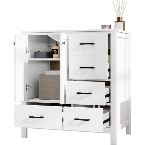 CHICFURN Mueble lavabo baño blanco con lavabo cerámico integrado, 4 cajones silenciosos, 2 puertas, 3 baldas regulables y 76 x 46 x 82 cm, estilo moderno (1/5)