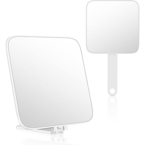 Specchio a mano, specchio da parrucchiere, specchio da trucco con manico pieghevole e supporto per appenderlo, specchio multiuso per viaggi, bagno, ufficio, trucco, bellezza (quadrato) (1/5)