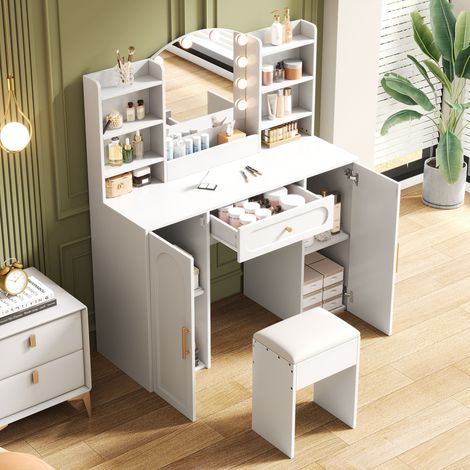 Table de toilette blanche moderne avec éclairage LED ajustable, miroir et pouf assorti. Meuble de rangement avec 1 tiroir et 2 portes, dimensions : 110x40x132 cm. Parfait pour chambre à coucher.