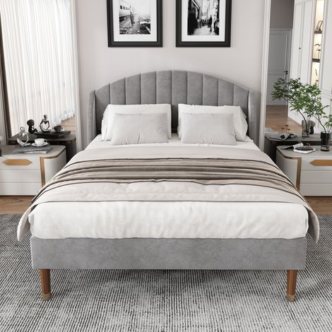 Lit rembourré moderne en velours gris 140x200 cm avec tête de lit haute et sommier à lattes (1/5)
