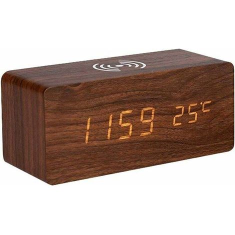 Digital wooden alarm clock with electronic LED display for the bedroom, 10W wireless charging, 3 alarm settings, date and temperature, brown color. (1/4)
