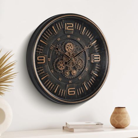 Grande Horloge Murale Vintage à Engrenages Mobiles 50cm - Design Steampunk Industriel en Métal Bronze avec Chiffres Arabes et Mouvement Silencieux (1/5)
