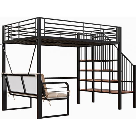 Lits superposés 140 x 200 cm en métal noir avec canapé amovible et escalier de rangement (1/5)