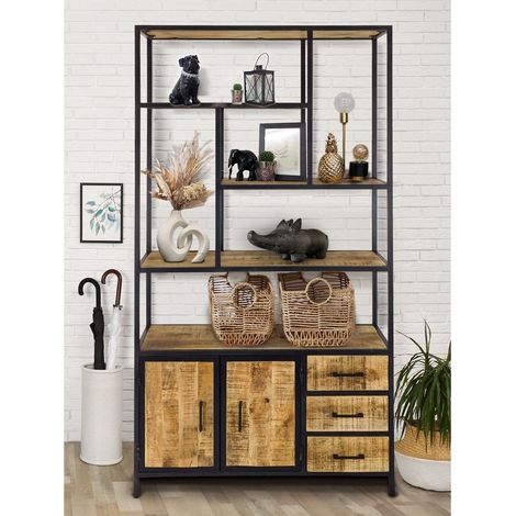 Bibliothèque Étagère Industrielle Bois de Manguier Recyclé et Métal Noir 98 x 190 x 36 cm - PANGIVO (1/5)