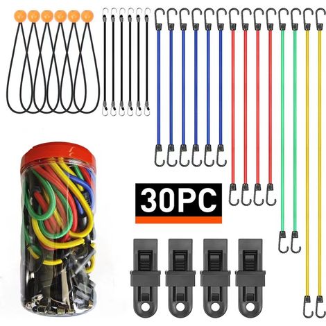 Packung mit 30 Bungee-Tragen mit Haken  Enthält 10", 18", 24", 32", 40" Bungees  8" Bungee-Planenbälle  Planenklammern