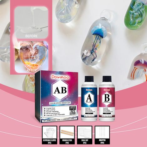 Résine époxy de coulée, résine époxy cristalline qui ne jaunit pas facilement - 100 ml de résine + 100 ml de durcisseur + 2 bâtonnets mélangeurs + 2 gobelets doseurs + 4 pipettes + 2 paires de gants (1/5)