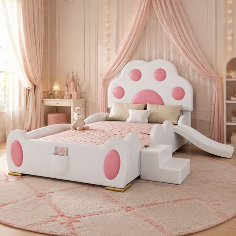 DESMIU Lit enfant 90 × 200 cm avec toboggan, échelle à 2 marches et poche, sans matelas, en PU, blanc et rose (1/5)