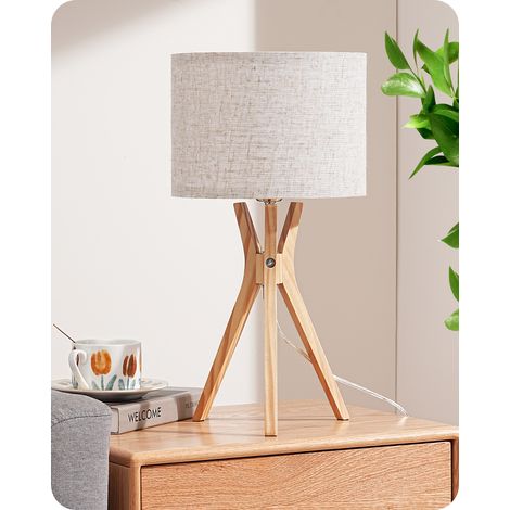 EDISHINE - Lampe à poser trépied - lampe de table moderne H46 cm - ampoule E27 LED 2700K fournie -  bois et lin  beige (1/5)