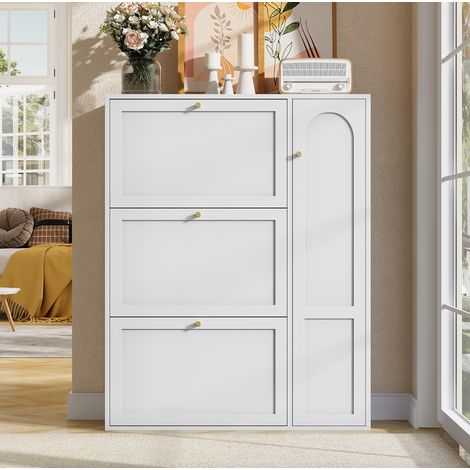 Scarpiera 90x25x114 cm bianca in MDF e truciolare con 3 ante a ribalta e 1 anta laterale (1/5)