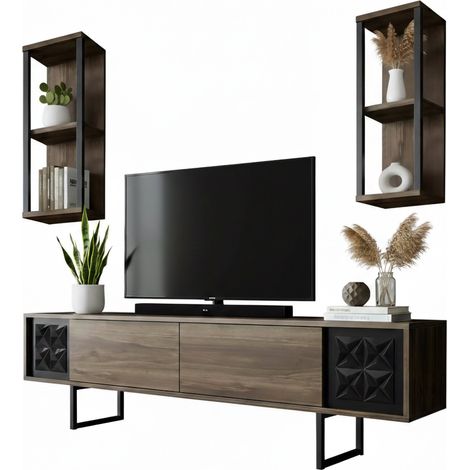 Dmora - Mobile porta TV Axa, Credenza da soggiorno, Armadio basso per TV, Base parete attrezzata, 180x30h48 cm, Noce e Nero