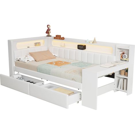Canapé lit 90x200 cm Lit rembourré avec bureau intégré, 2 tiroirs, ports USB et éclairage LED - blanc (1/5)