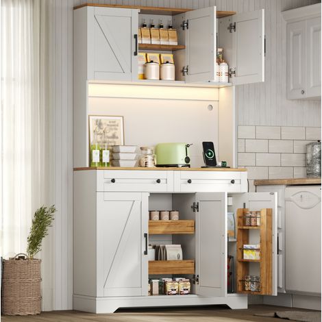 Buffet de cuisine haute 180 cm avec LED RGB, prises USB, 2 tiroirs, rangements, MDF naturel blanc (1/5)