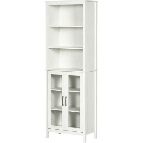 Colonne de bain 2 portes verre 3 étagères moderne 53x30x162 cm blanc