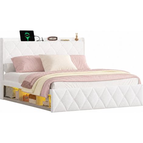 Letto imbottito 140 x 200 cm bianco in tessuto Teddy, LED, USB, 6 cassetti, senza materasso (1/5)