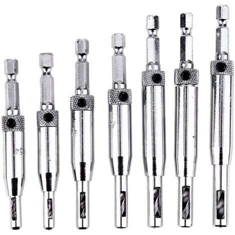 Forets de charnière à centrage automatique pour armoire de porte - 7pcs HSS 1/4" à queue hexagonale à centrage automatique Bits prédécoupés, 5/64" 7/64"9/64" 11/64"25/127" 13/64"1/4"