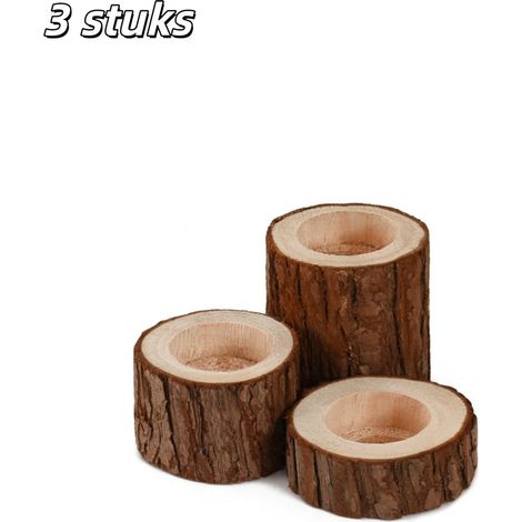 Lot de 3 bougeoirs ronds en bois pour décoration de table cheminée mariage Noël et dîner couleur marron (1/5)