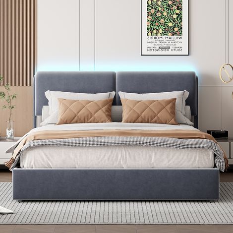 Letto contenitore 160x200 cm, con meccanismo idraulico contenitore, rete a doghe in legno, struttura in metallo, testiera illuminata a LED, letto imbottito in velluto - Grigio (1/5)