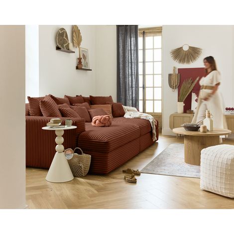 Collins - einzelsofa 4-sitzer mit doppelbett récamiere - tiefe sitzfläche - grob gerippter velours - terrakotta