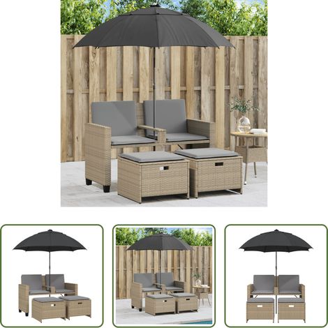 Sonnenschirm - Gartensofa 2-Sitzer Sonnenschirm und Hocker Beige Poly-Rattan (1/5)