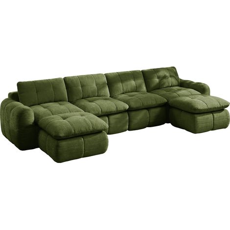 Canapé modulaire en U 4 places sans cadre, design matelassé, housse en velours côtelé douce pour la peau, assises larges et profondes, modulable et libre combinaison, livré sans montage avec 2 poufs,  (1/5)