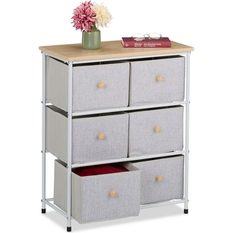 Relaxdays Kommode, 6 Stoffschubladen, Flur & Schlafzimmer, HxBxT: 73x60x32 cm, Schubladenschrank, Metall, hellgrau/natur