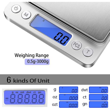 Digitale Küchenwaage 3000 g / 0,1 g, Taschenwaage mit 6 Einheitenumrechnungsfunktionen, Grammwaage mit 2 Plattformen