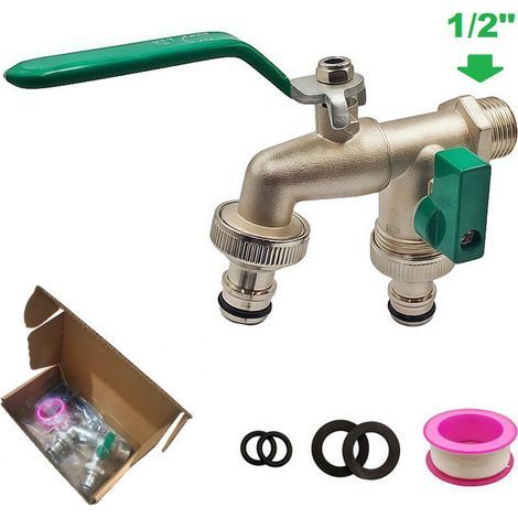 Robinet extérieur 1/2", double sortie 3/4, arrosage sphère, laiton qualité, jardin, machine à laver, baril de pluie (1/5)