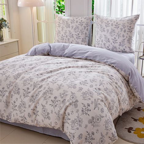 Parure de lit en satin 160x200cm Fleurs Beige Cendré Crème (1/5)