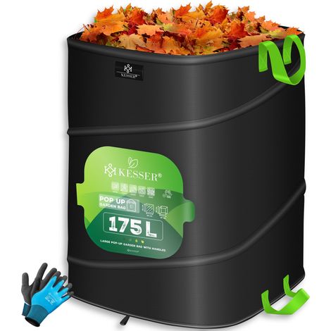 KESSER® Pop-Up-Gartensack Laubsack Gartenabfallsack inkl. Handschuhe Selbststehend mit Griffen Stabil Robust & Faltbar Schwarz / Hellgrün, 1x 175 Liter