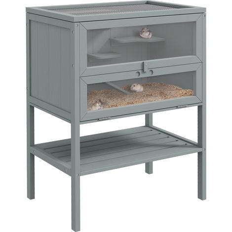 PawHut Wooden Hamster Cage w/ Storage Shelf, Openable Top for Gerbils Grey
