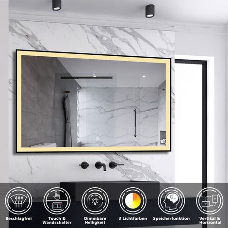 LED Spiegel Schwarzer Rahmen Badspiegel mit Warm/Neutral/Kaltweiß Dimmbar Memory Touch/Wandschalter Beschlagfrei Wandspiegel 1 hour automatische Abschaltung 100X60cm (1/5)