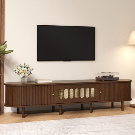 Meuble TV 180 x 40 x 40 cm - Design en résine tressée - 2 portes à enroulement et 1 porte abattante - MDF - Marron (1/5)