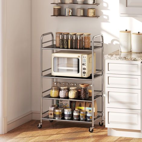 Carro de cocina con ruedas, 4 niveles, estantes y asas ajustables, para salón-cocina, color plata, 60 x 35 x 100 cm