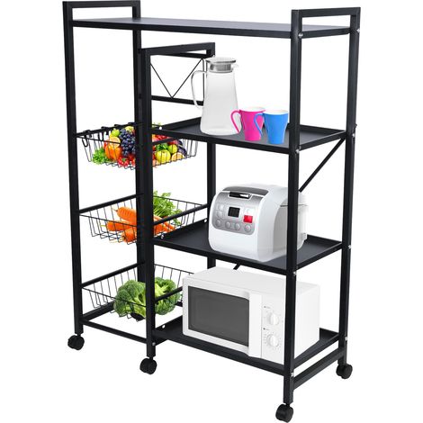 Étagère de Cuisine, Meuble de Rangement, pour Four à Micro-Ondes, avec 3 Paniers Métalliques en Maille, 4 Niveaux,Noir (1/5)