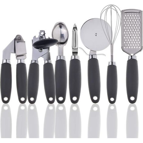Juego de 7 utensilios de cocina de acero inoxidable color cobre con mangos ergonómicos negros (rosa) (negro) (1/5)