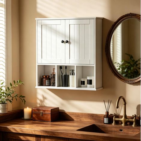 Armadietto bagno da parete 60 x 19,5 x 60 cm in MDF bianco con vani aperti - CHICFURN (1/5)