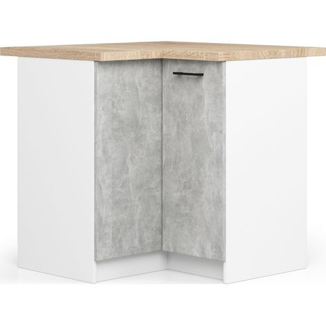 Akord – Armoire de cuisine basse d'angle OLIWIA – Blanc 90 cm – 2 portes battantes – Façade béton – 2 étagères – Dimensions 90x46x85 cm