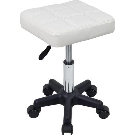 Tabouret Roulant Carré avec roulettes Chaise Pivotant pour Salon Massage Spa Blanc Hauteur Réglable PU Cuir (1/5)
