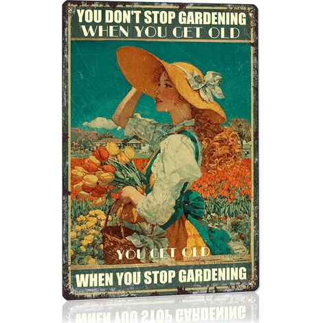 Plaque de Jardin Vintage "On Ne Cesse Pas de Jardiner Quand On Vient à Vieux Âge" Plaque Étaine Métallique Plaques de Jardin pour la Maison Extérieure Décoration Murale Vintage de Salon de Ferme (1/5)
